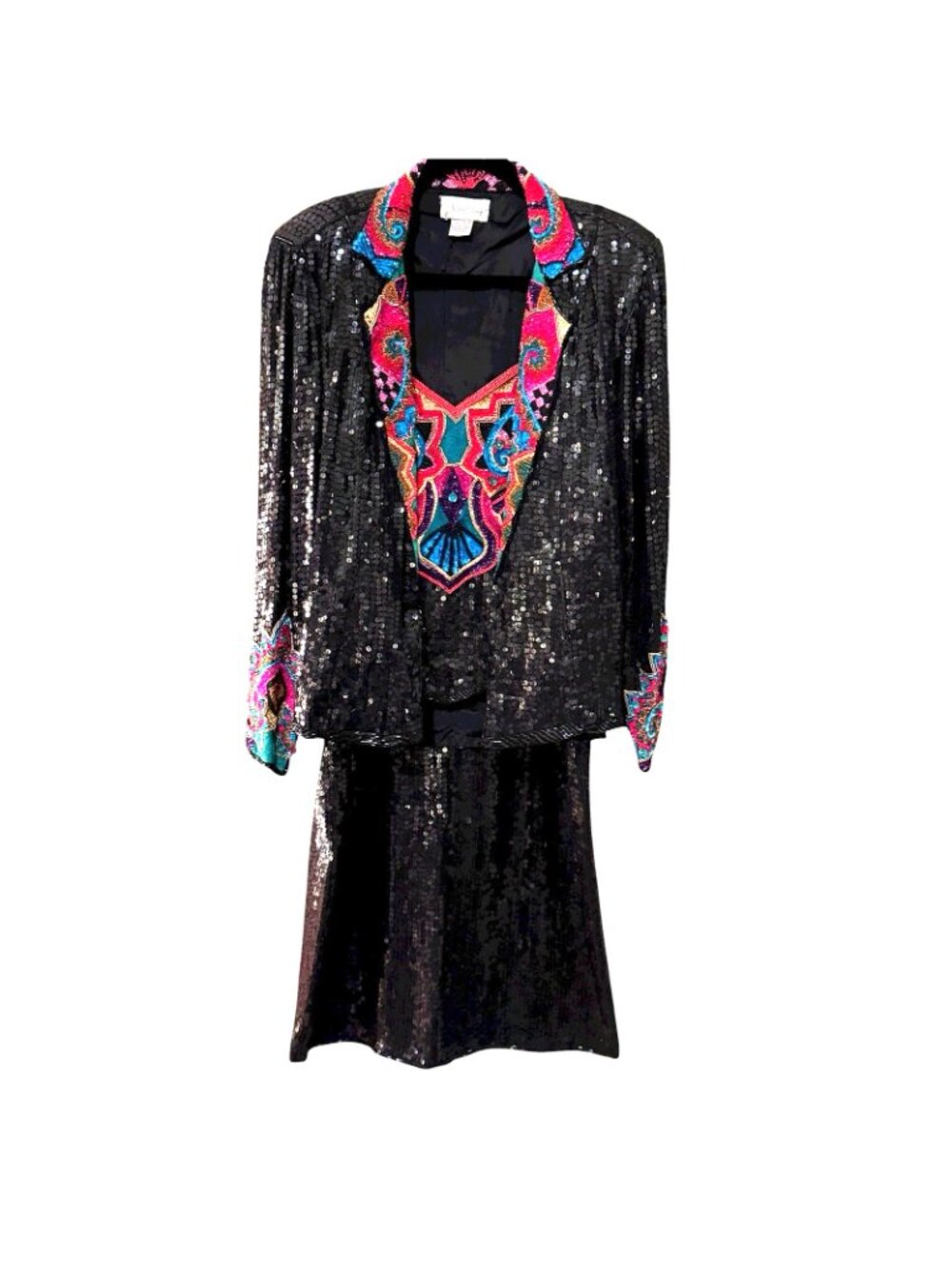 Beaded Sequin Skirt Suit Women's Large Vintage 80s Cocktail Neiman Marcus Glam - Picture 2 of 16
